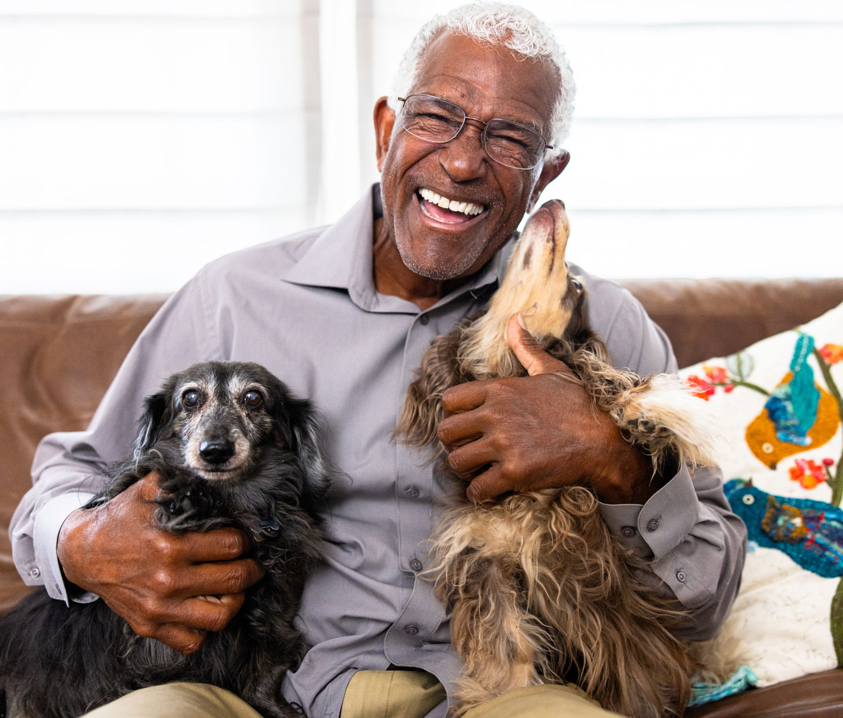 Black man playing with his dogs